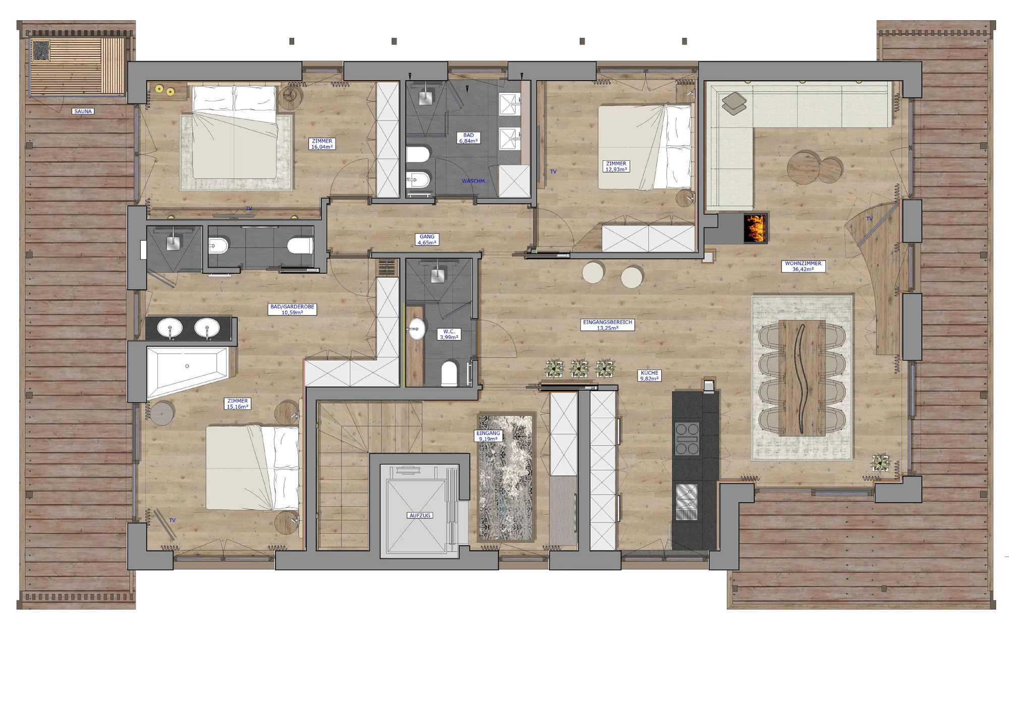 Grundriss des Florisa Mountain Penthouse mit drei Schlafzimmern, zwei Bädern, Gäste-WC, offener Küche, Wohn-/Essbereich und privater Panorama-Sauna